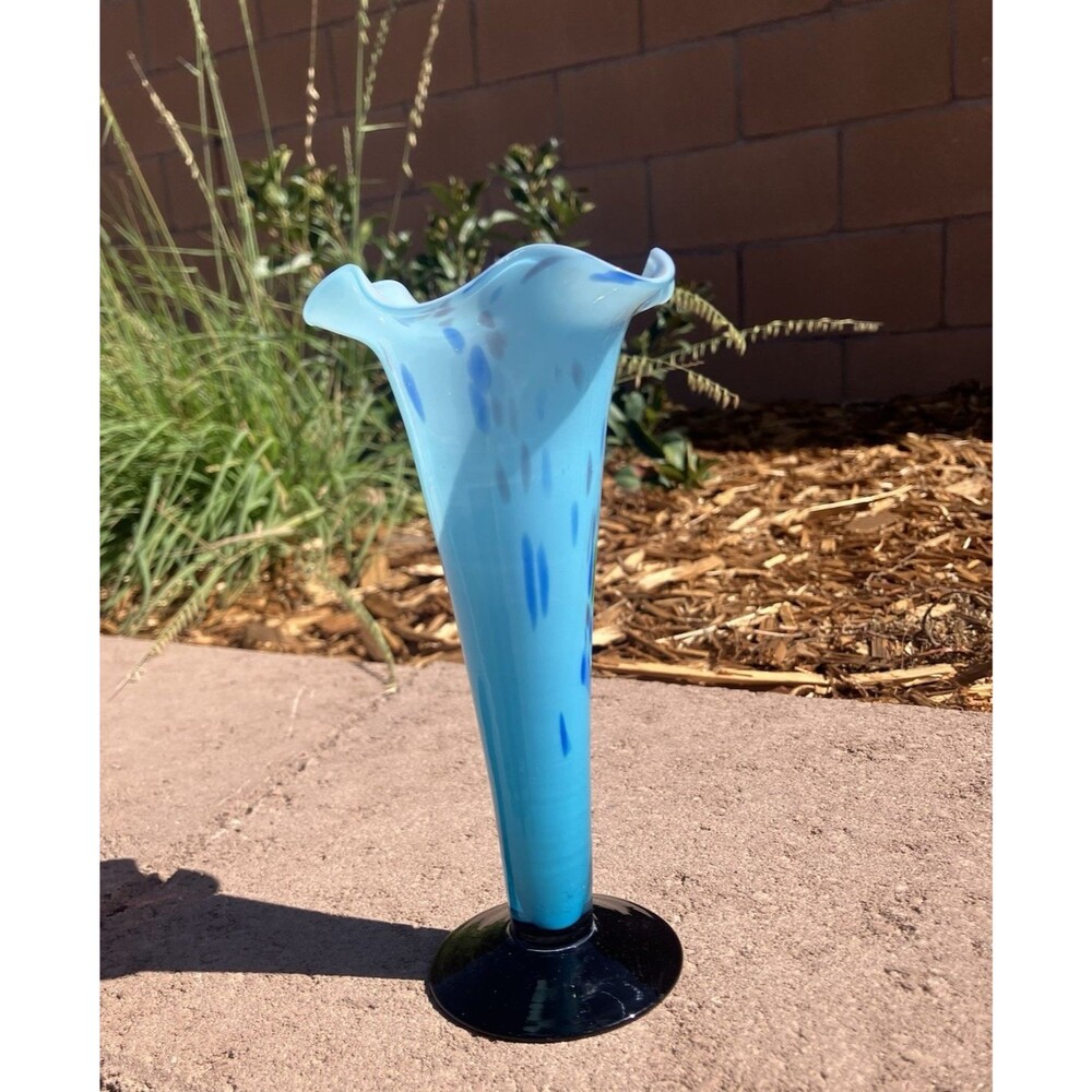 VTG Made in Japan Blue Opaline Art Glass Bud Vase Ruffkedcrim 7.5” MCM